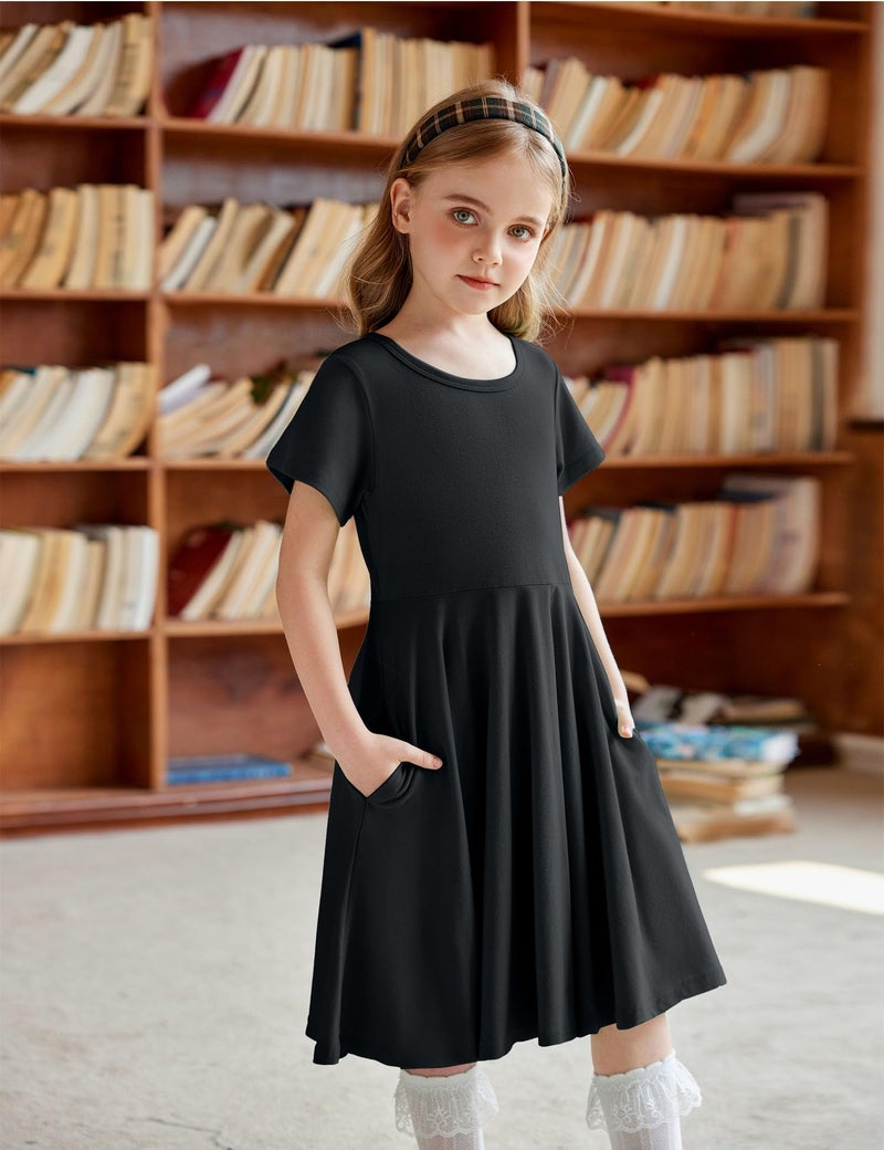 Arshiner Girl Dresses Size 10-12 Summer Twirly Black Dress T Shirt Solid Basic Cotton Classic Pocket Holiday School Party Dress 12 13 - Image 2